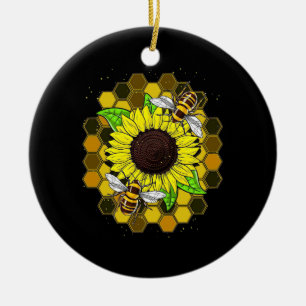 Hippie Sunflower Bees Ceramic Ornament