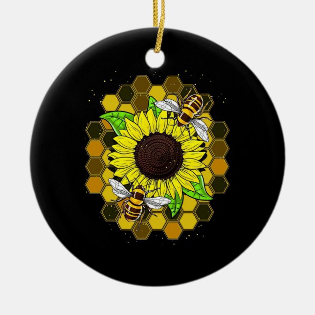 Hippie Sunflower Bees Ceramic Ornament (Front)