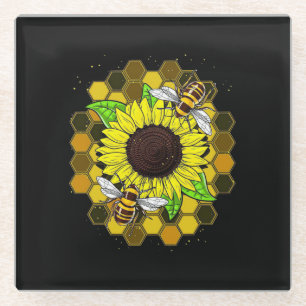 Hippie Sunflower Bees Glass Coaster