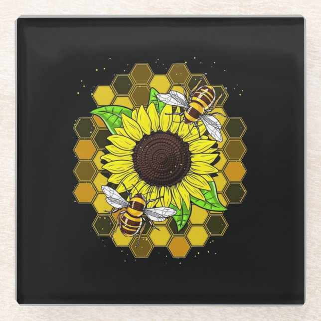 Hippie Sunflower Bees Glass Coaster (Front)
