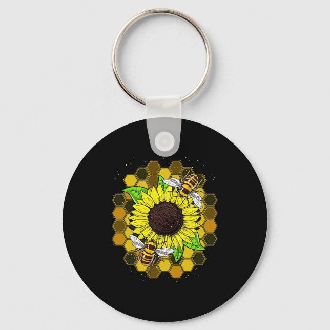 Hippie Sunflower Bees Keychain (Front)