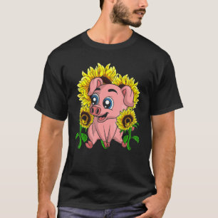 Hippie Sunflower Cute Piglet Farm Animal Farmer P T-Shirt
