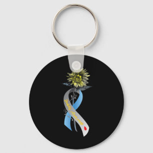 Hippie Sunflower Grey Blue Ribbon Type 1 Diabetes Keychain