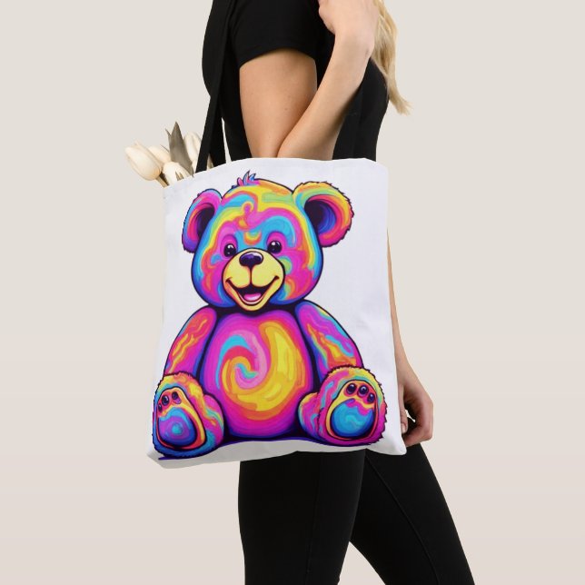 Hippie Teddy Bear Rainbow Psychedelic Bright Color Tote Bag (Close Up)