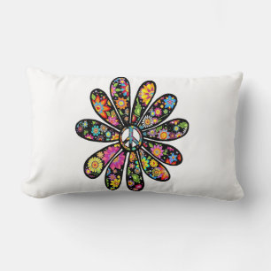 Hippie Trippy Flower Power Peace Sign Floral Lumbar Pillow