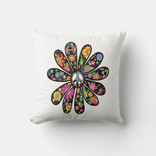 Hippie Trippy Flower Power Peace Sign Floral Throw Pillow