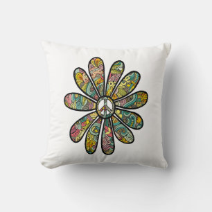Hippie Trippy Flower Power Peace Sign Seventies Throw Pillow