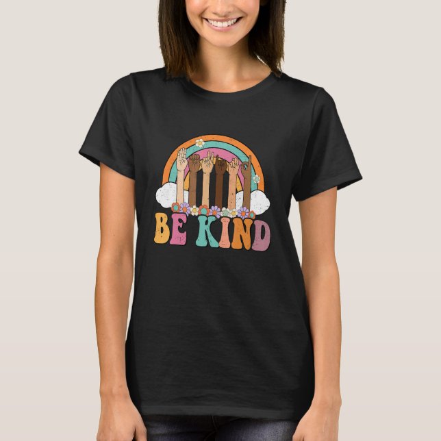 Hippie Unity Day Teacher Be Kind Rainbow ASL Sign  T-Shirt (Front)