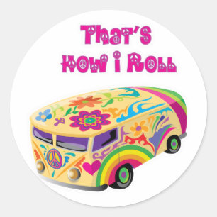 hippie van retro  how i roll classic round sticker