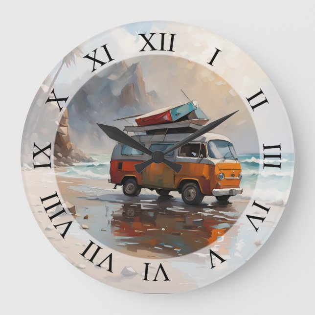 Hippie Van Seascape Traveller Mood Art  Large Clock (Front)
