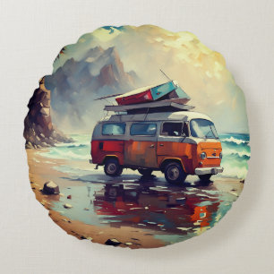 Hippie Van Seascape Traveller Mood Art Round Pillow