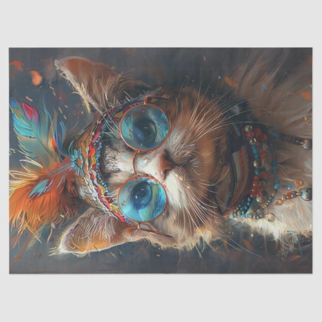 Hippie Vintage Feline Cat Decoupage  Tissue Paper (Front)