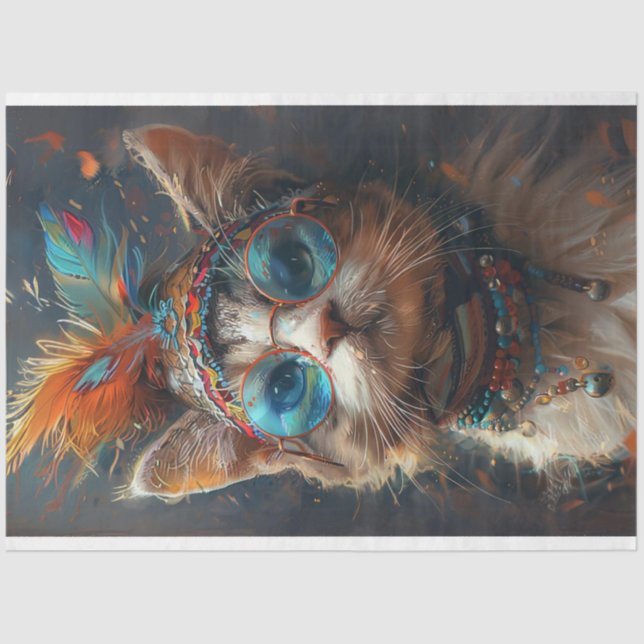 Hippie Vintage Feline Cat Decoupage  Tissue Paper (Front)