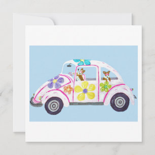 Hippie Welsh Corgis in their Flower Child Love Car Invitation