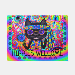 Hippies Welcome Black Cat Purple Shades Funny Cute Doormat