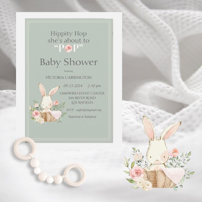 Hippity Hop Bunny Watercolor Modern Baby Shower Invitation (Creator Uploaded)