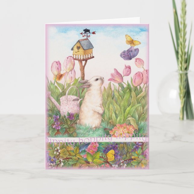Hippity Hoppity Easter Bunny Birdhouse Holiday Card (Front)