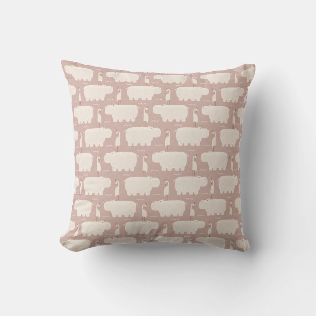 Hippo and bird - pink - nursery throw pillow (Front)