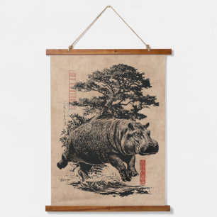 Hippo and Bonsai Tree   Wabi Sabi Japandi Art Hanging Tapestry