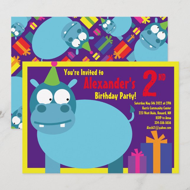 Hippo Animal Kid's Birthday Party Invitations (Front/Back)