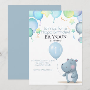 Hippo Anniversaire doux bleu simple invitation