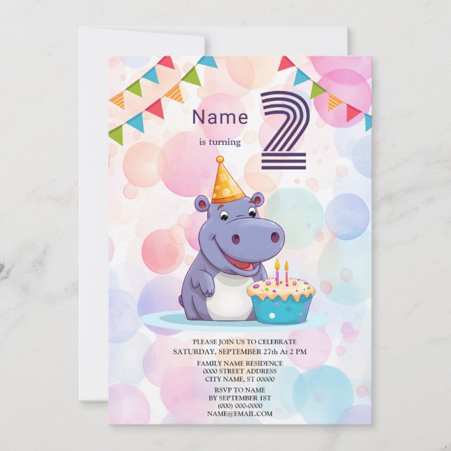 Hippo Anniversaire Fête Invitation (Devant)