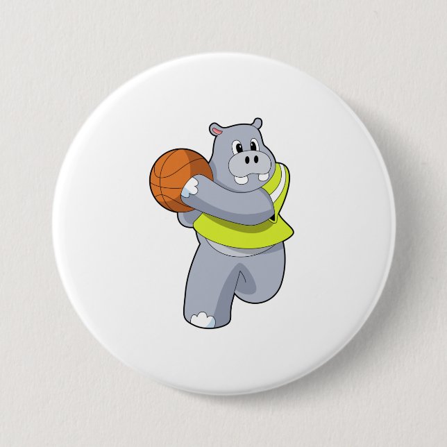 Hippo as Basketball player with Basketball.PNG 3 Inch Round Button (Front)