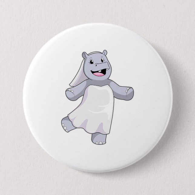 Hippo as Bride with Veil 3 Inch Round Button (Front)
