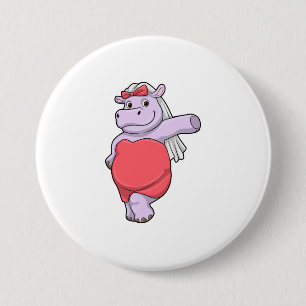Hippo as Bride with Veil & Bow 3 Inch Round Button