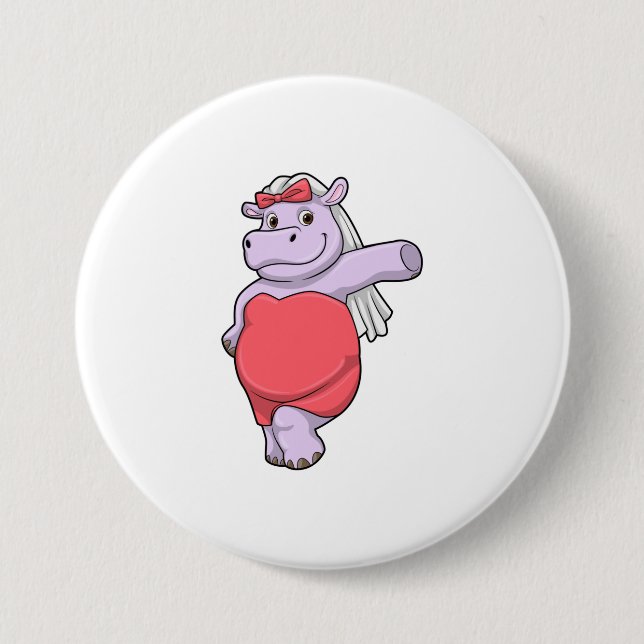 Hippo as Bride with Veil & Bow 3 Inch Round Button (Front)
