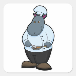 Hippo as Cook with Pan Square Sticker