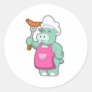 Hippo as Cook with Sausage Classic Round Sticker
