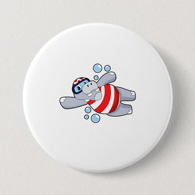 Hippo as Diver with Swimming goggles 3 Inch Round Button (Front)