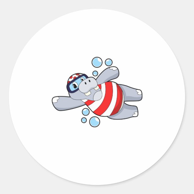 Hippo as Diver with Swimming goggles Classic Round Sticker (Front)