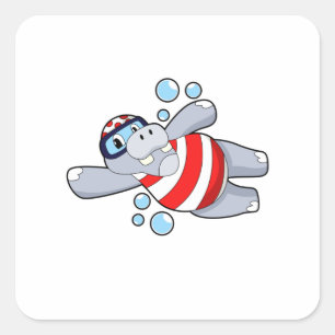 Hippo as Diver with Swimming goggles Square Sticker
