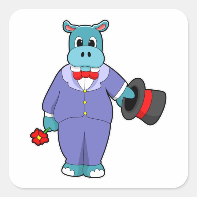 Hippo as Groom with Suit & Rose Square Sticker (Front)