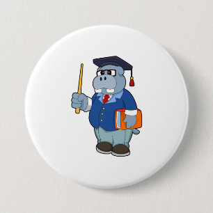 Hippo as Professor with Book 3 Inch Round Button