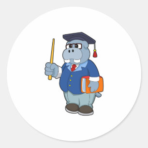 Hippo as Professor with Book Classic Round Sticker