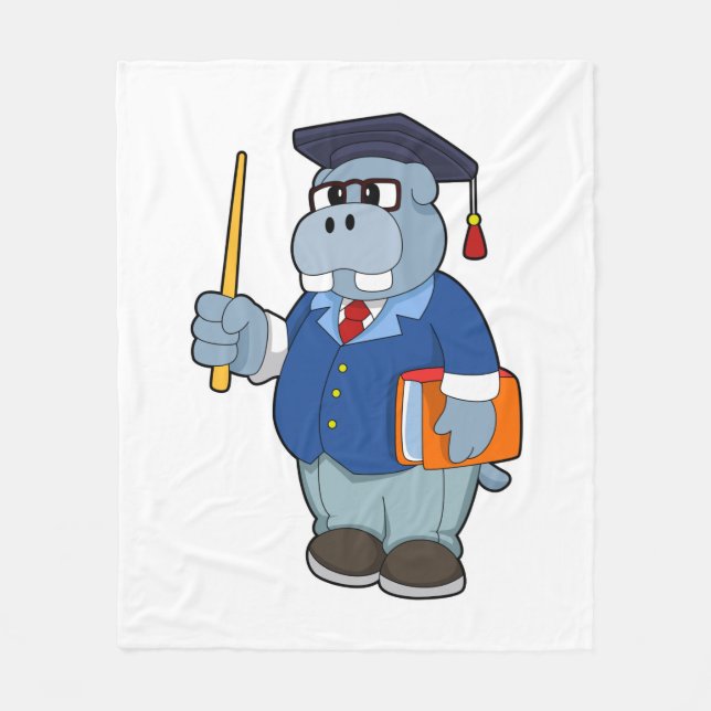 Hippo as Professor with Book Fleece Blanket (Front)