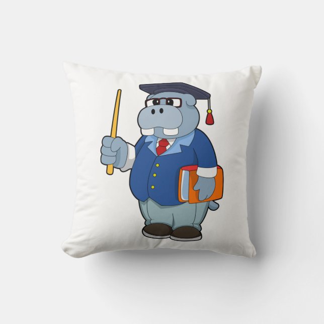 Hippo as Professor with Book Throw Pillow (Front)
