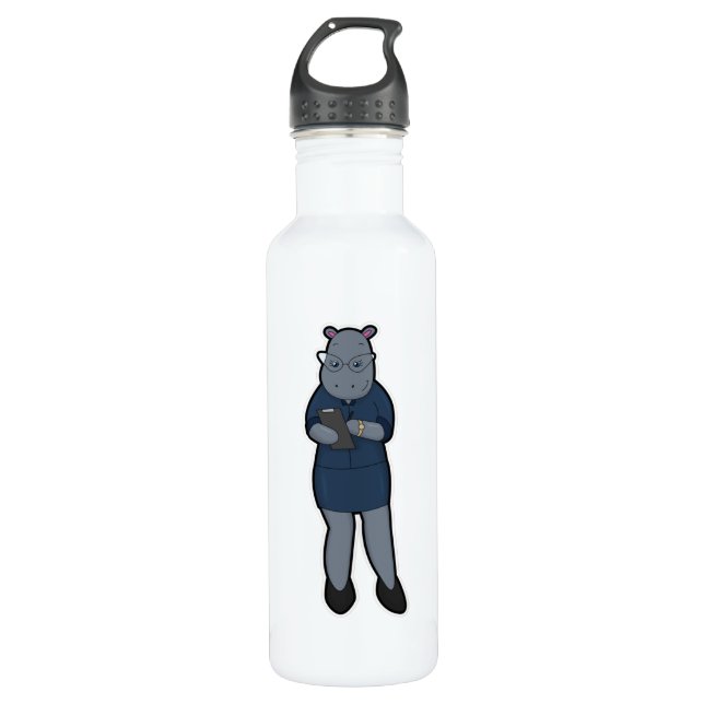 Hippo as Secretary with Notepad & Pen 710 Ml Water Bottle (Front)