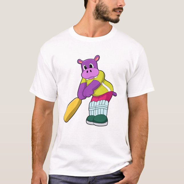 Hippo at Cricket with Cricket bat T-Shirt (Front)