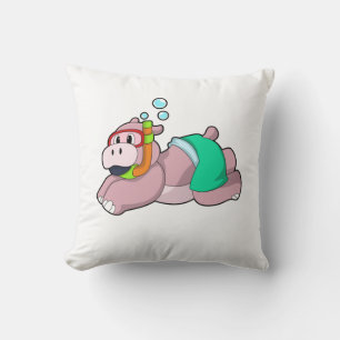 Hippo at Diving with Snorkel Throw Pillow