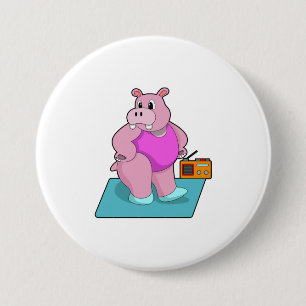 Hippo at Fitness with Radio.PNG 3 Inch Round Button