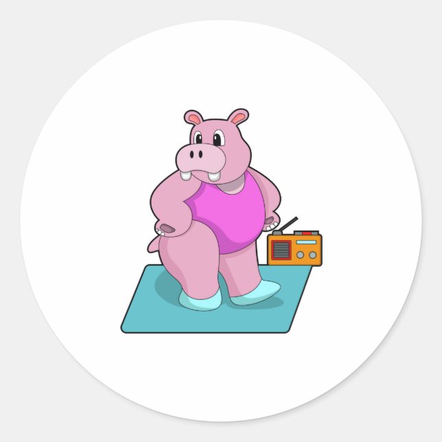 Hippo at Fitness with Radio.PNG Classic Round Sticker (Front)