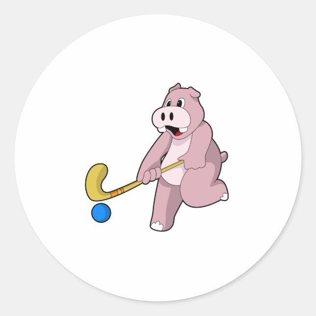 Hippo at Hockey with Hockey bat Classic Round Sticker (Front)