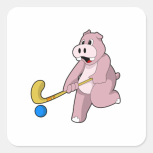 Hippo at Hockey with Hockey bat Square Sticker