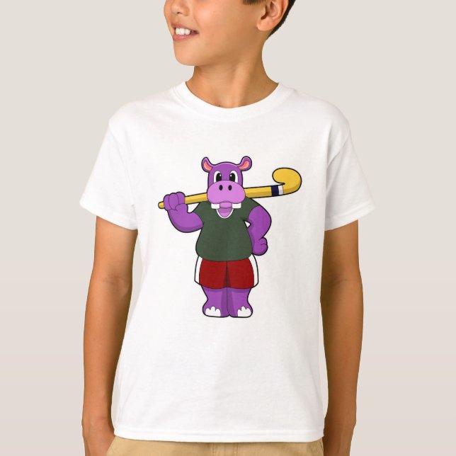 Hippo at Hockey with Hockey bat T-Shirt (Front)