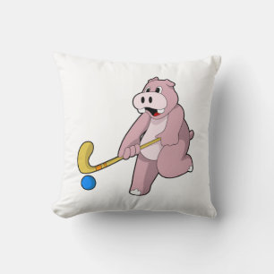 Hippo at Hockey with Hockey bat Throw Pillow
