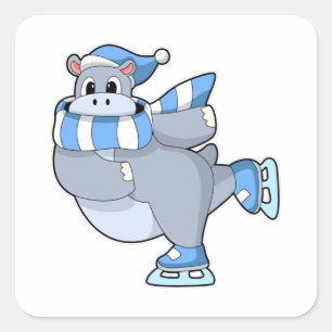 Hippo at Ice skating with Ice skates Square Sticker